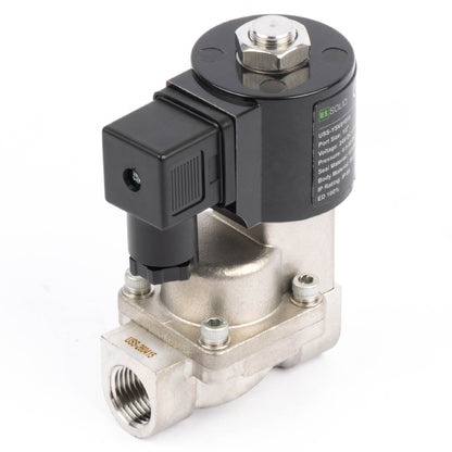 Électrovanne haute température - Acier inoxydable 1/2", 725 PSI, 24 V CC, 150 °C (302 °F), normalement fermée, joint VITON