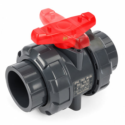 4" PVC True Union Ball Valve, Full Port, Slip Socket, Schedule 40 and 80 Compatible, 150 psi, PTFE Seat, EPDM O-Ring
