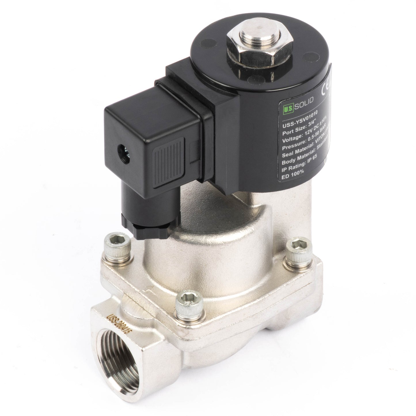 Högtemperaturmagnetventil - 3/4" rostfritt stål, 725 PSI, 12V DC, 302°F (150°C), normalt stängd, VITON-tätning