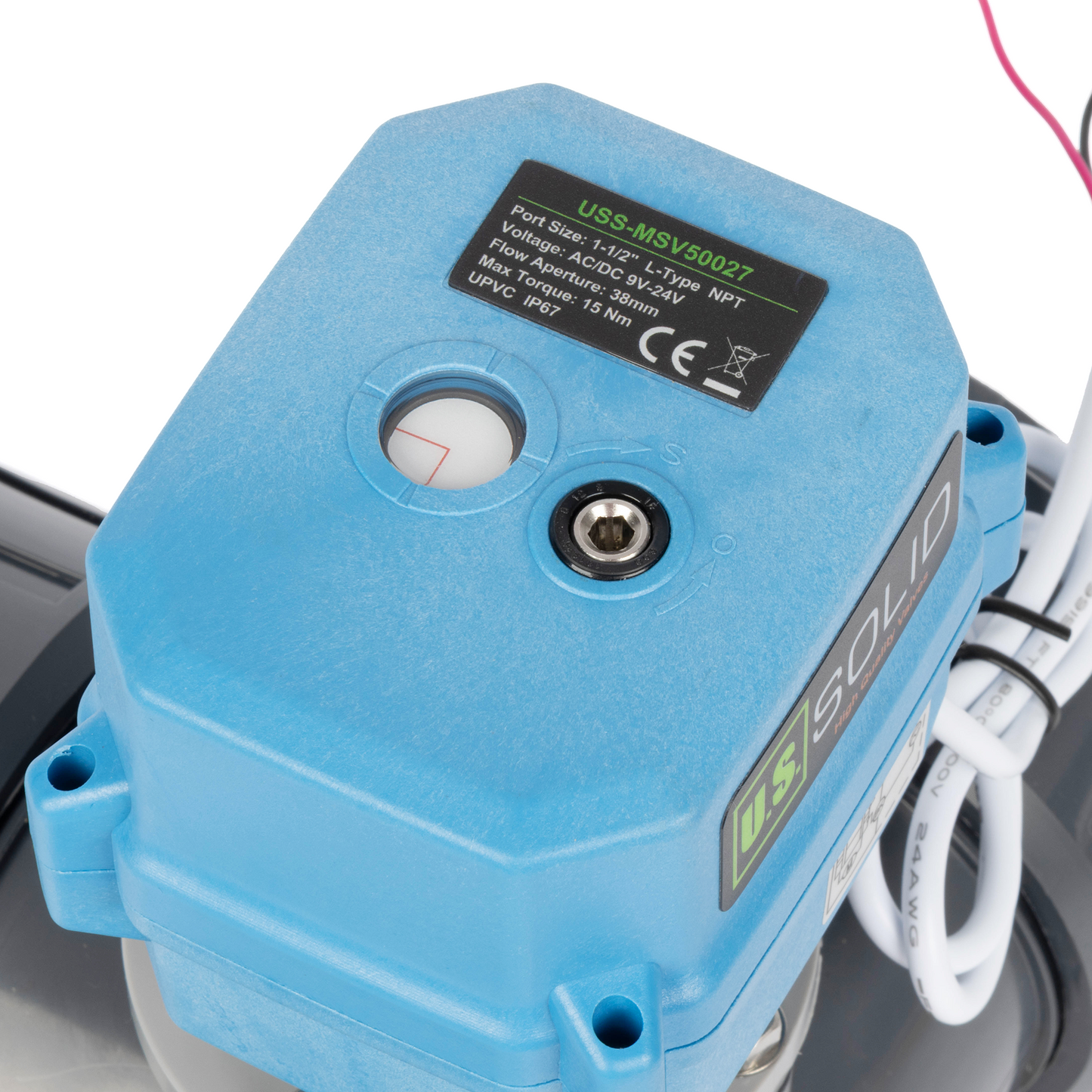 1-1/2" 3-vägs UPVC motoriserad kulventil, L-typ, 9–24V AC/DC, 2-tråds automatisk återgång, IP67 full port, normalt stängd med manuell återställning