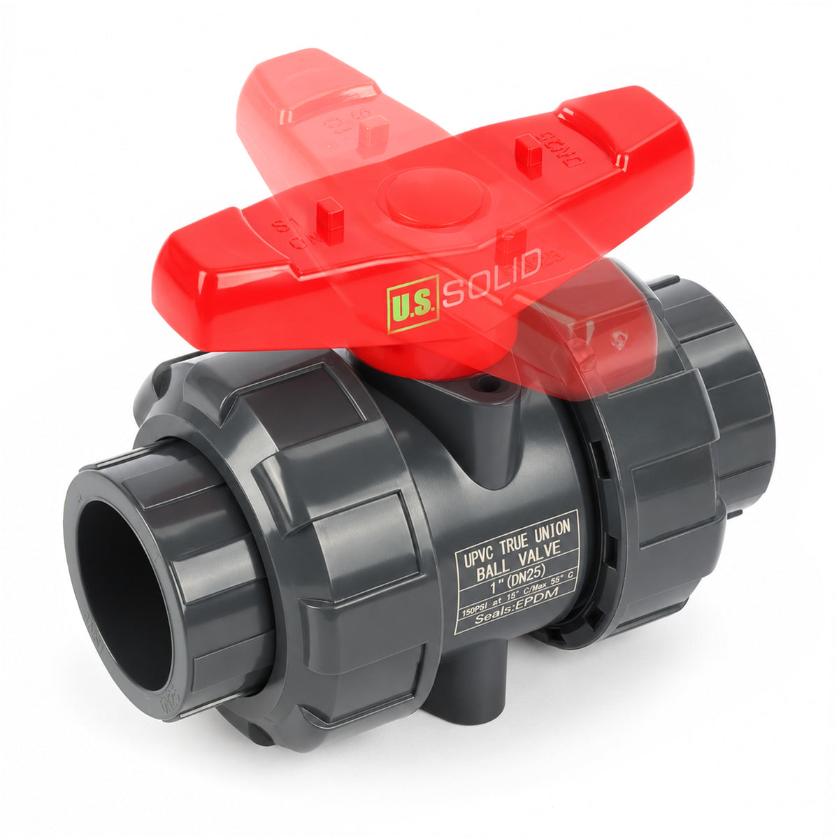 1" PVC True Union-kugleventil, fuld port, glidemuffe, kompatibel med Schedule 40 og 80, 150 psi, PTFE-sæde, EPDM O-ring