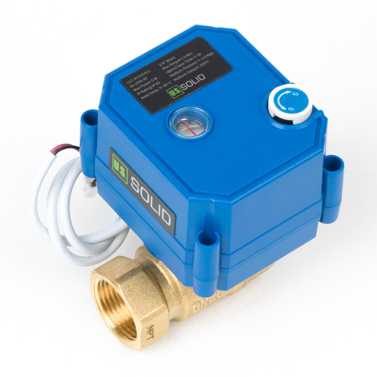 3/4" Motorized Ball Valve with Manual Function - 2 Wire Auto Return, Brass, 85-265V AC, Standard Port, Normally Closed