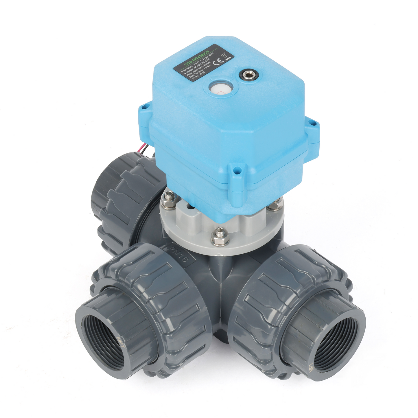 1-1/4" 3-vägs UPVC motoriserad kulventil, L-typ, 9–24V AC/DC, 2-tråds automatisk återgång, IP67 full port, normalt stängd med manuell återställning