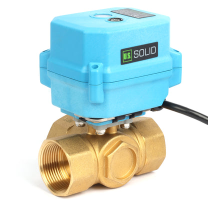 1" 3-weg messing gemotoriseerde kogelkraan, automatische terugslag, AC110-230V, T-type, standaard aansluiting met handmatige functie, IP67