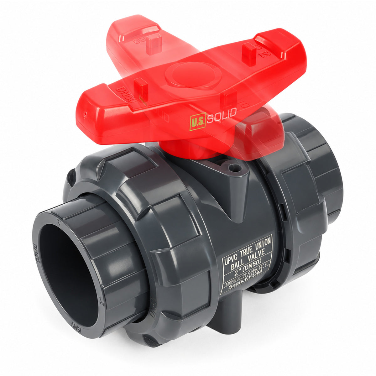 2" PVC True Union-kugleventil, fuld port, glidemuffe, kompatibel med Schedule 40 og 80, 150 psi, PTFE-sæde, EPDM O-ring