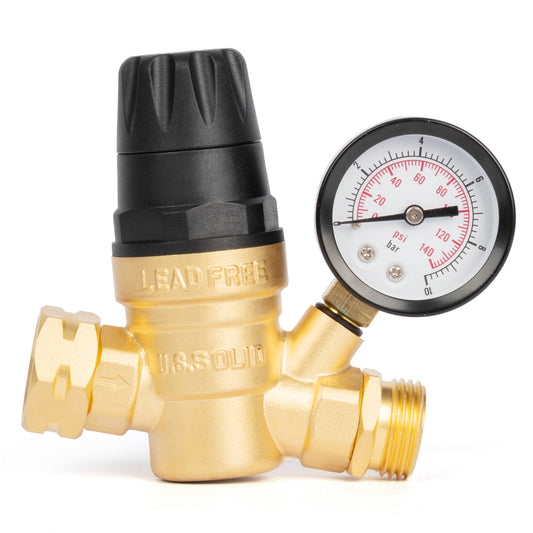 3/4" GHT RV Water Pressure Regulator - Hand Adjustable, Brass, with Gauge & Filter