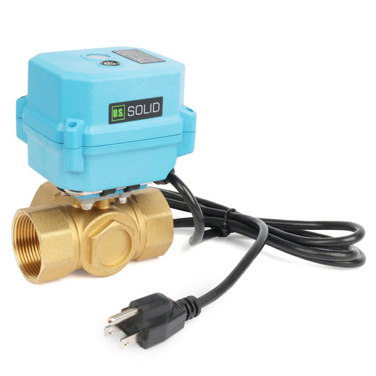 Katup Bola Bermotor Kuningan 3 Arah 1", Pengembalian Otomatis, AC110-230V, Tipe T, Port Standar dengan Fungsi Manual, IP67