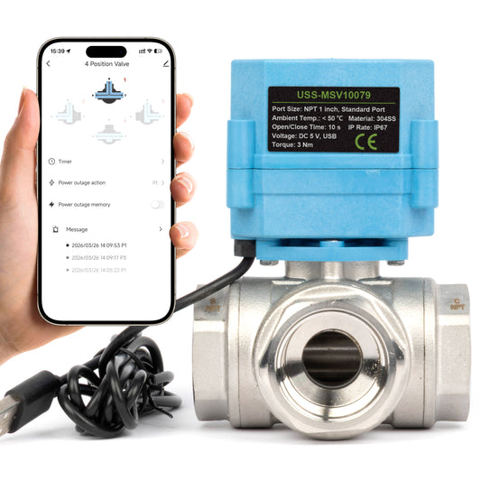 Válvula de esfera motorizada inteligente de 1" com Wi-Fi, 3 vias e 4 posições, em aço inoxidável 304, alimentada por USB, com indicador de status em LED, visor de direção do fluxo e certificação NSF.