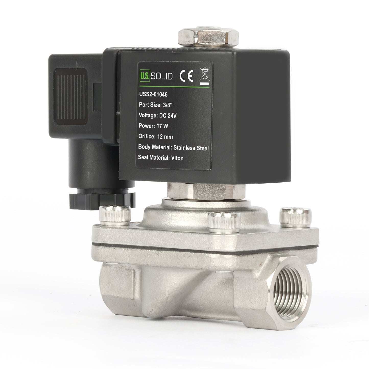 Électrovanne 3/8" - Acier inoxydable 24 V CC normalement fermée avec joint Viton, type boîte de jonction