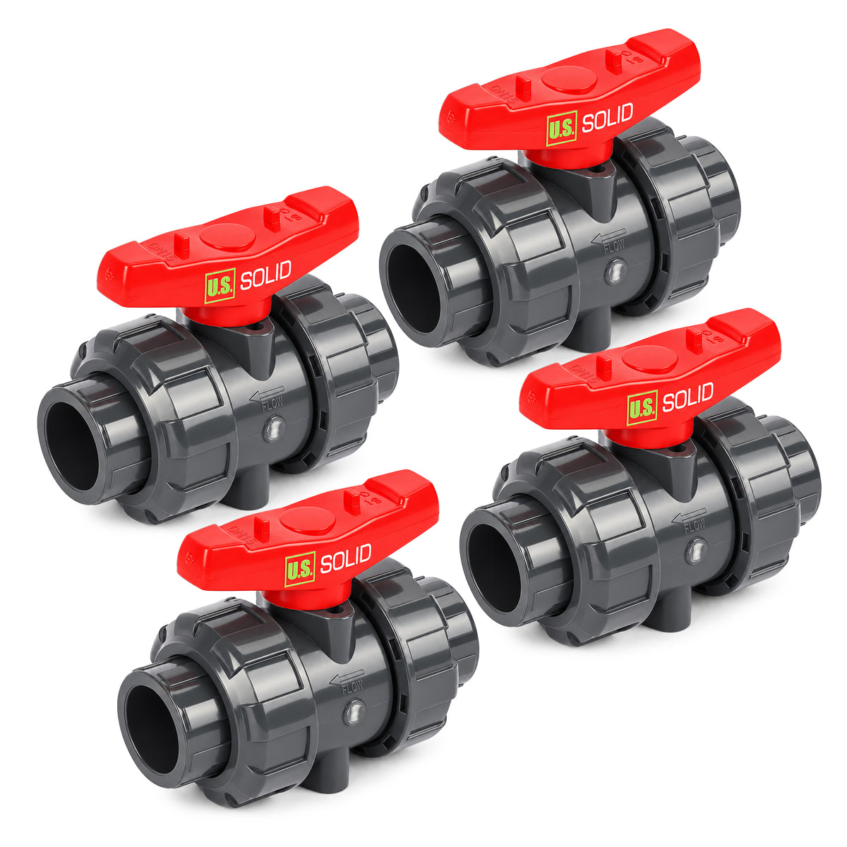 1/2" PVC True Union Ball Valve, Full Port, Slip Socket, Schedule 40 and 80 Compatible, 150 psi, PTFE Seat, EPDM O-Ring, 4 Pack