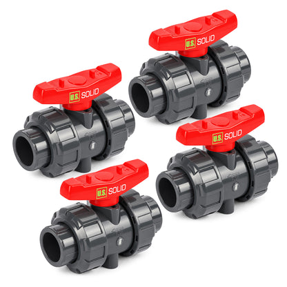 1/2" PVC True Union Ball Valve, Full Port, Slip Socket, Schedule 40 and 80 Compatible, 150 psi, PTFE Seat, EPDM O-Ring, 4 Pack