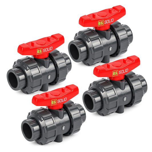 1/2インチ PVC トゥルーユニオンボールバルブ、フルポート、スリップソケット、スケジュール40および80互換、150psi、PTFEシート、EPDM Oリング、4個パック