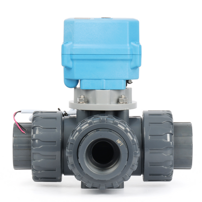 1-1/4" 3-vägs UPVC motoriserad kulventil, L-typ, 9–24V AC/DC, 2-tråds automatisk återgång, IP67 full port, normalt stängd med manuell återställning