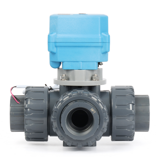 Válvula de bola motorizada de UPVC de 3 vías y 1-1/4", tipo L, 9-24 V CA/CC, retorno automático de 2 cables, paso completo IP67, normalmente cerrada con reinicio manual