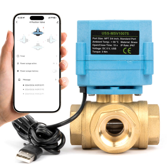 Válvula de esfera motorizada inteligente WiFi de 3/4", 3 vias e 4 posições, em latão, alimentada por USB, com indicador de status LED e janela de direção do fluxo.