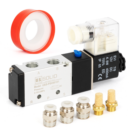 U.S. Solid 1/4인치 5방향 2위치 공압 솔레노이드 밸브, DC 12V, 상시 닫힘, 부속품 및 소음기 포함