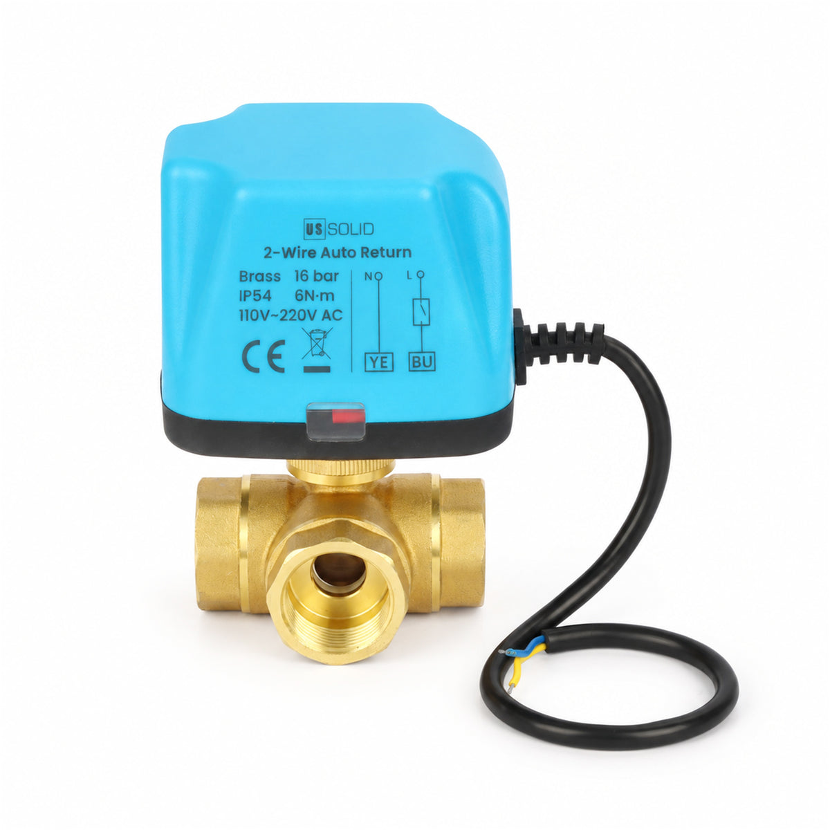 Injap Bola Bermotor Loyang 3/4", AC 110/220 V, Jenis-T 3 Hala, Pulangan Automatik 2 Wayar, 16 bar, Port Stardard