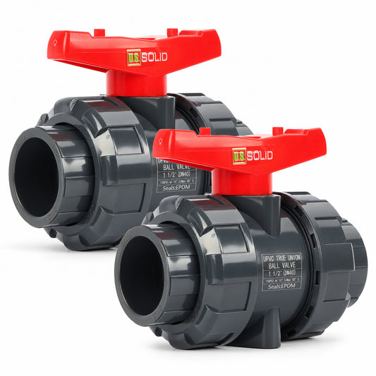 1-1/2" PVC Gerçek Rakorlu Küresel Vana, Tam Geçişli, Kayar Soket, Schedule 40 ve 80 Uyumlu, 150 psi, PTFE Conta, EPDM O-Ring, 2'li Paket