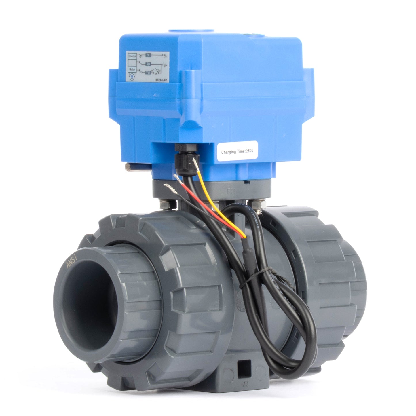 Válvula de bola motorizada de UPVC de doble unión de 1-1/2" - 24 V CC, control único de 3 cables, con anulación manual y sello de EPDM.