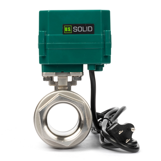 U.S. Solid 1-1/2" Motorized Ball Valve, 110VAC, Stainless Steel, Auto Return, Normally Open, with US Plug