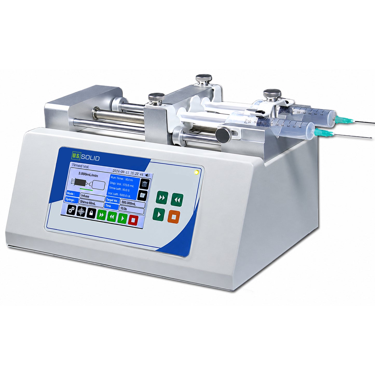 Slimme spuitpomp met twee kanalen, infusie/afname, 4,3-inch touchscreen, nauwkeurigheid ≤ ±0,1%, 0,0031 nL/min – 109,136 mL/min