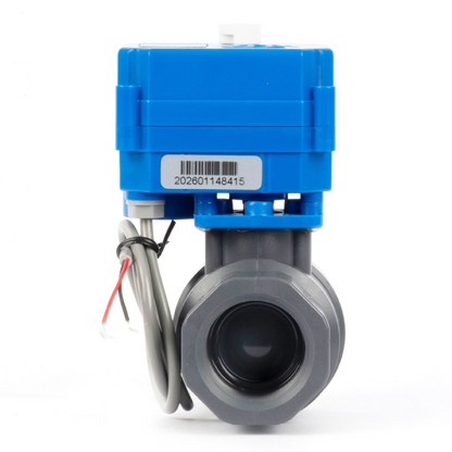 1" UPVC motorisert kuleventil - 2-leders automatisk retur med manuell funksjon, 9–36 V AC/DC, normalt lukket