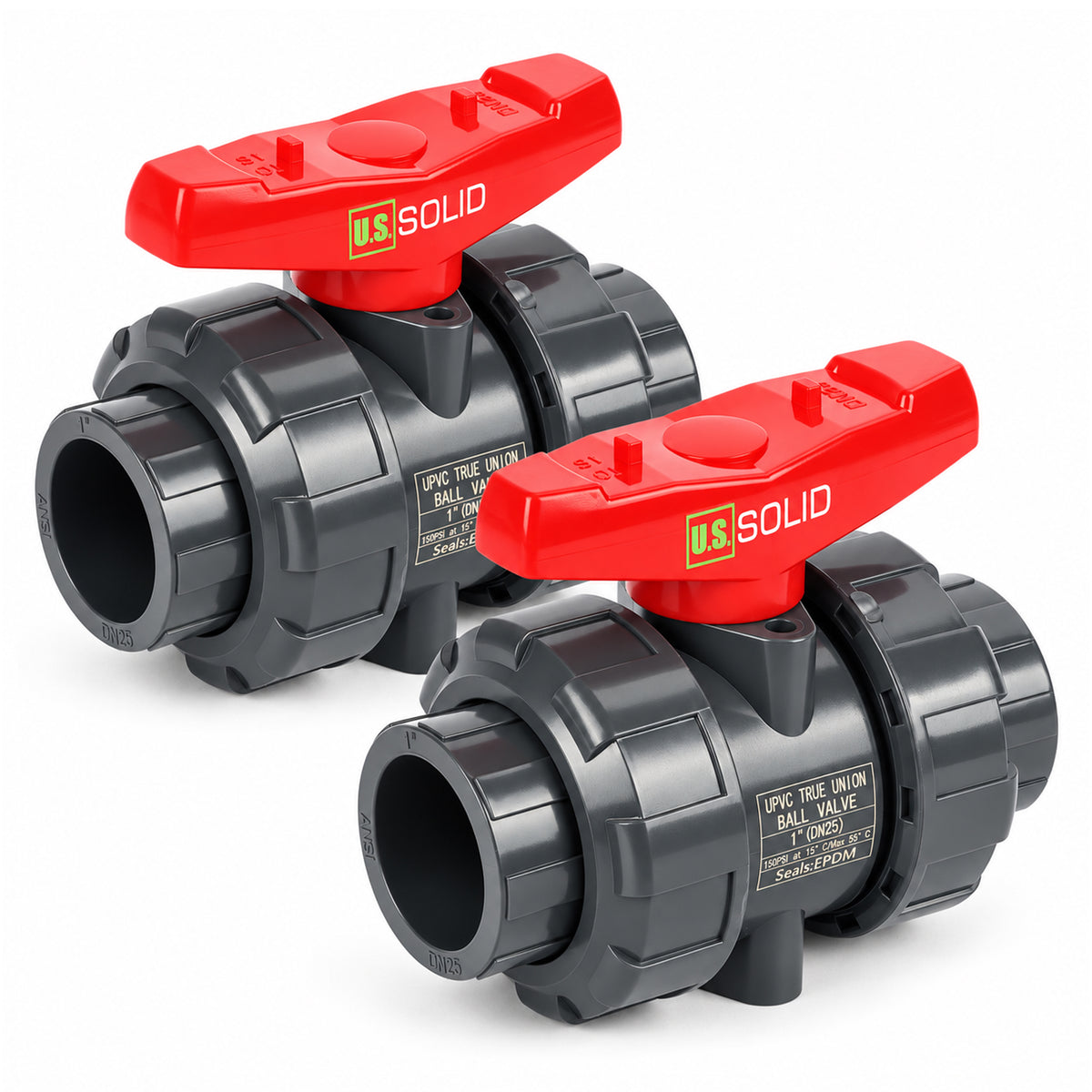 Vanne à bille à union véritable en PVC 1", passage intégral, emboîtement coulissant, compatible Schedule 40 et 80, 150 psi, siège en PTFE, joint torique en EPDM, lot de 2