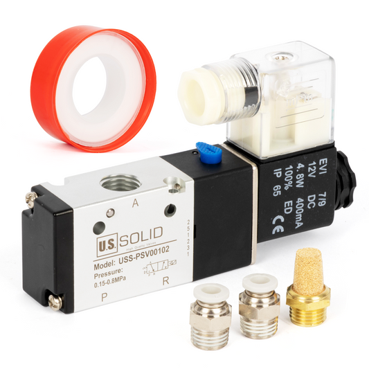 U.S. Solid 1/4인치 3방향 2위치 공압 솔레노이드 밸브, DC 12V, 상시 닫힘, 부속품 및 소음기 포함