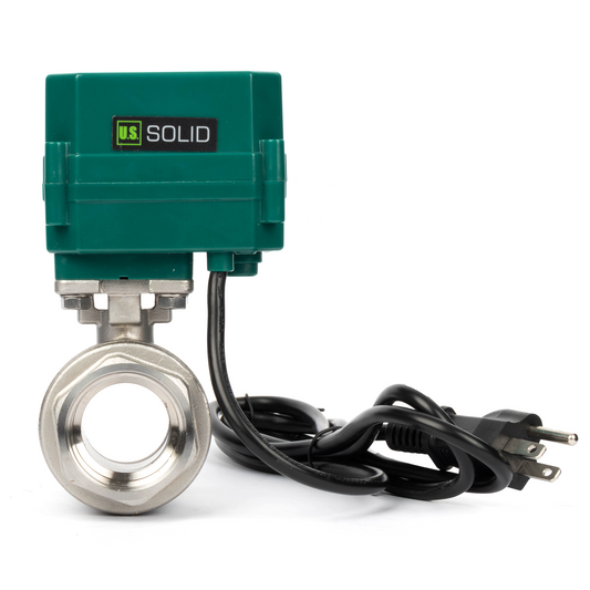 U.S. Solid 1-1/4"" Motorized Ball Valve, 110VAC, Stainless Steel, Auto Return, Normally Open, with US Plug