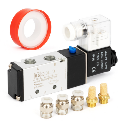U.S. Solid 1/4인치 5방향 2위치 공압 솔레노이드 밸브, DC 24V, 상시 닫힘, 부속품 및 소음기 포함