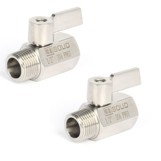 U.S. Solid 2 st 1/2" minikulventil 304 rostfritt stål invändig × utvändig gänga NPT