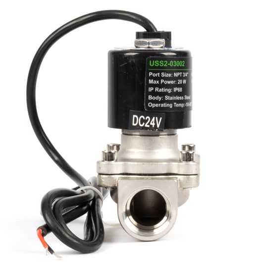 3/4" magnetventil - 24V DC elektrisk magnetventil i rustfrit stål, normalt lukket, IP68