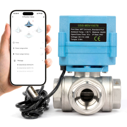 3/4" WiFi Älykäs moottoroitu palloventtiili, 3-tie 4-asentoinen ruostumaton teräs 304, USB-virtalähde, LED-tilanilmaisin, virtaussuunnan ikkuna, NSF-sertifioitu