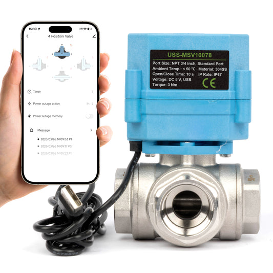 Válvula de esfera motorizada inteligente de 3/4" com Wi-Fi, 3 vias e 4 posições, em aço inoxidável 304, alimentada por USB, com indicador de status em LED, visor de direção do fluxo e certificação NSF.