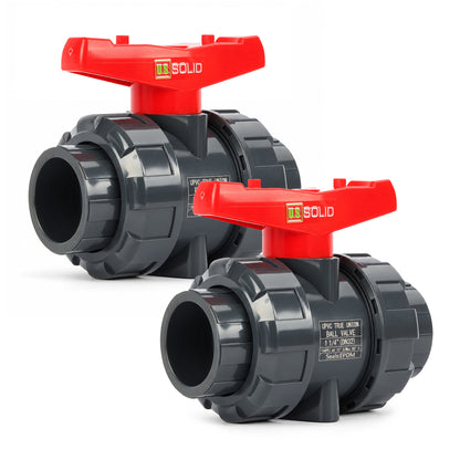 1-1/4" PVC True Union Ball Valve, Full Port, Slip Socket, Schedule 40 and 80 Compatible, 150 psi, PTFE Seat, EPDM O-Ring, 2 Pack