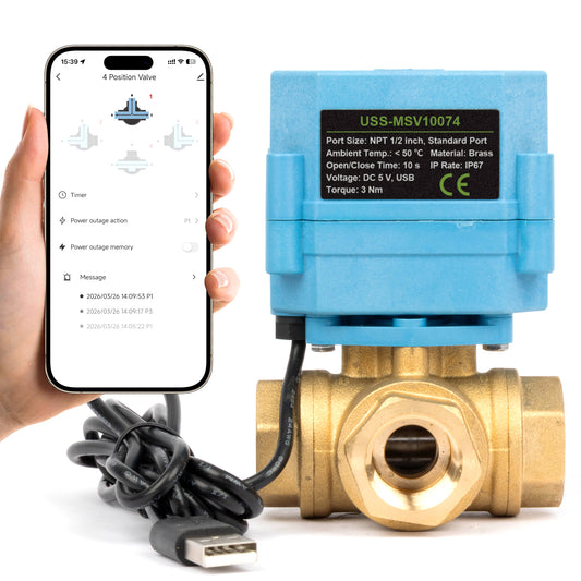 Válvula de esfera motorizada inteligente WiFi de 1/2", 3 vias e 4 posições, em latão, alimentada por USB, com indicador de status LED e janela de direção do fluxo.
