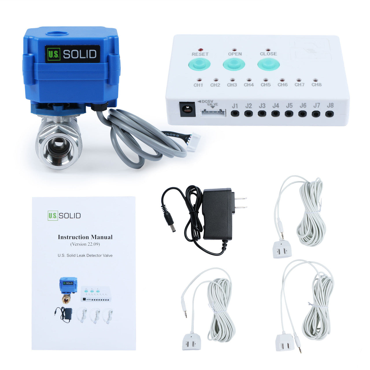 Water Leak Detector - Water Leak Detect and Protect System with 1/2" Stainless Steel Motorized Ball Valve, Controller and 3 Sensors