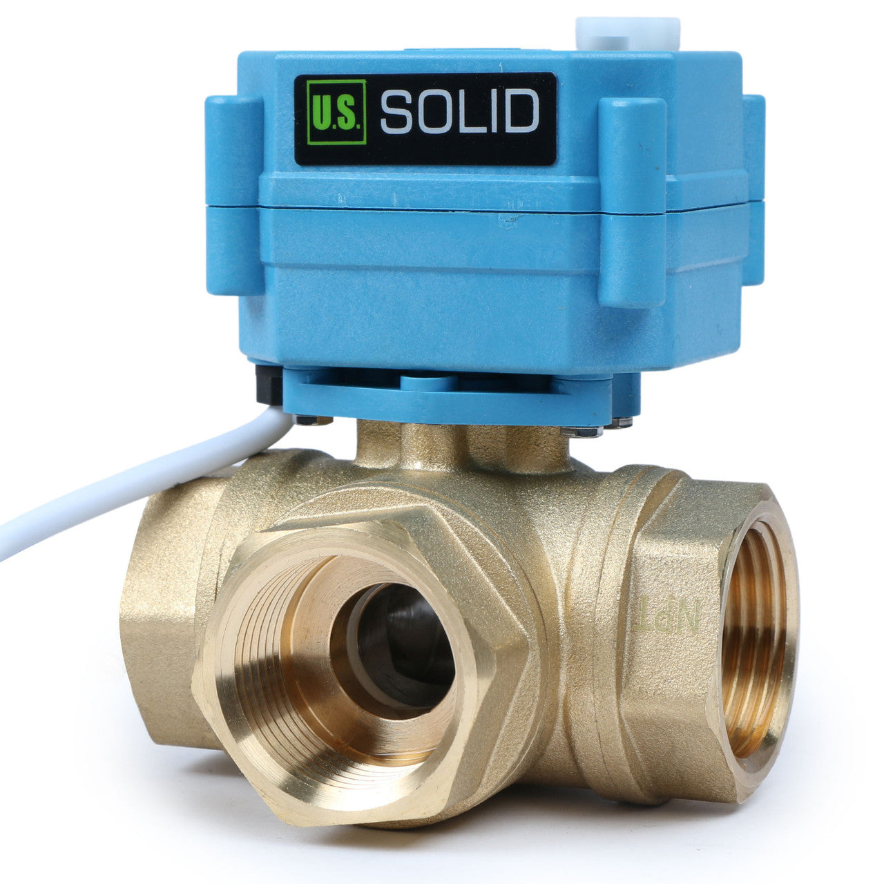 U.S. Solid 1" 3 Way Brass Motorized Ball Valve, AC110-230V, L Type, Standard Port, with Manual Function, IP67