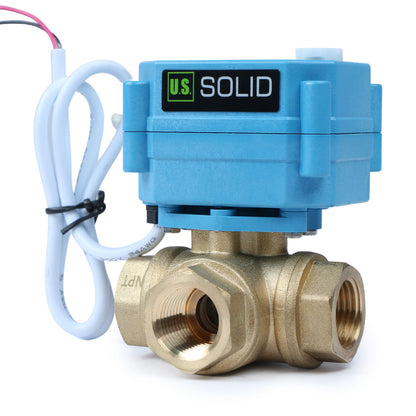 U.S. Solid 3/4" 3 Way Brass Motorized Ball Valve, AC110-230V, L Type, Standard Port, with Manual Function, IP67