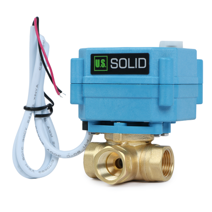 U.S. Solid 3/8" 3 Way Brass Motorized Ball Valve, 9-24V AC/DC, L Type, Standard Port, with Manual Function, IP67