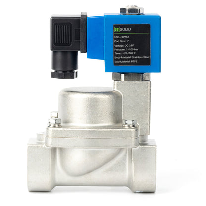 Válvula solenoide de alta presión - 1" de acero inoxidable, 100 bar, 24 V CC, válvula solenoide de alta presión y resistencia a altas temperaturas, 248 ℉