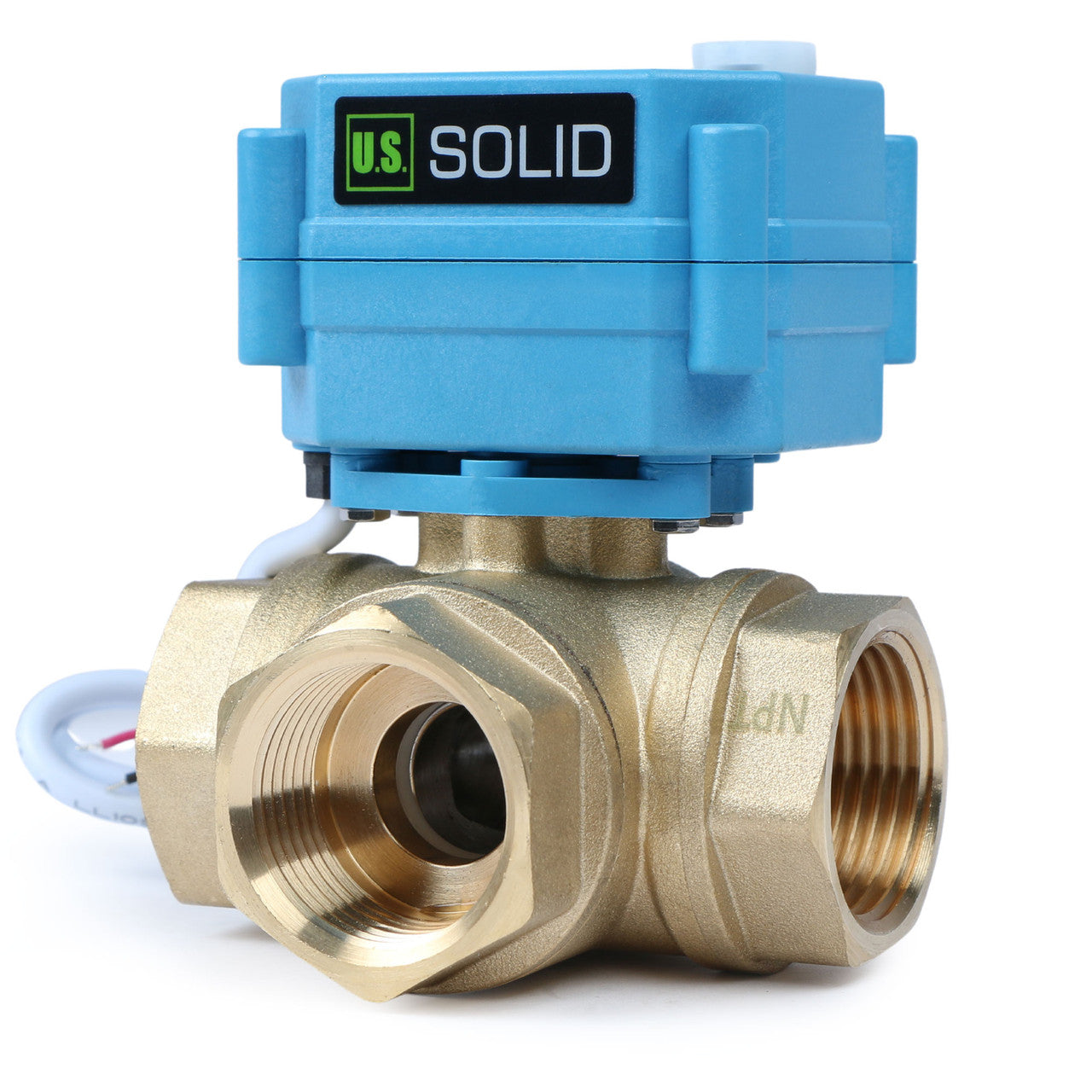 U.S. Solid 1" 3 Way Brass Motorized Ball Valve, 9-24V AC/DC, L Type, Standard Port, with Manual Function, IP67