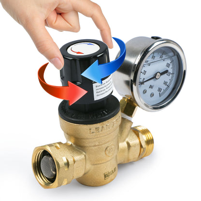 U.S. Solid Water Regulator Valve- 3/4" NH Brass Thread RV Pressure Regulator with Pressure Gauge and Water Filter