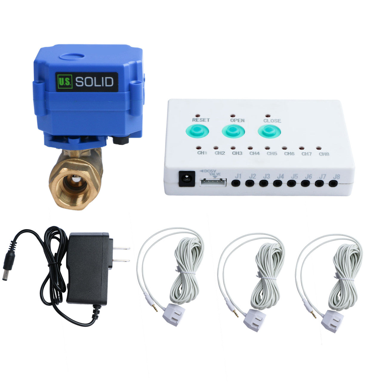 Water Leak Detector - Water Leak Detect and Protect System with 1” Brass Motorized Ball Valve, Controller and 3 Sensors