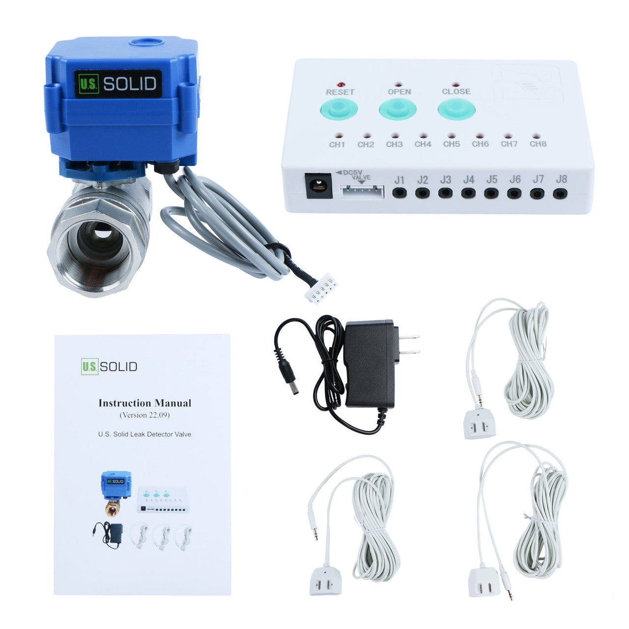 Water Leak Detector - Water Leak Detect and Protect System with 1” Stainless Steel Motorized Ball Valve, Controller and 3 Sensors