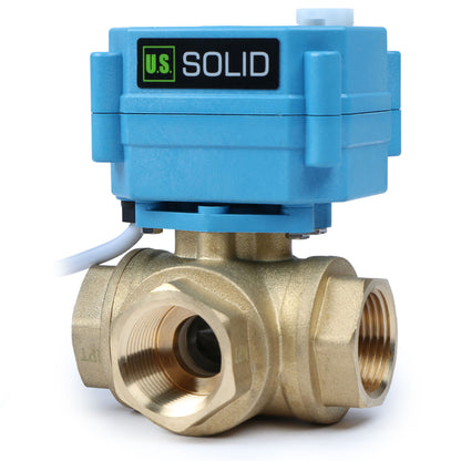 U.S. Solid 3/4" 3 Way Brass Motorized Ball Valve, 9-24V AC/DC, L Type, Standard Port, with Manual Function, IP67