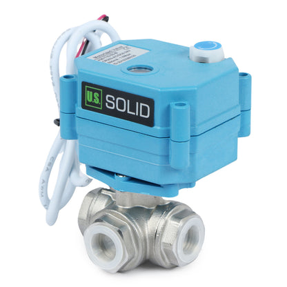 U.S. Solid 3/8" 3 Way Stainless Steel Motorized Ball Valve, 9-24V AC/DC, L Type, Standard Port, with Manual Function, IP67