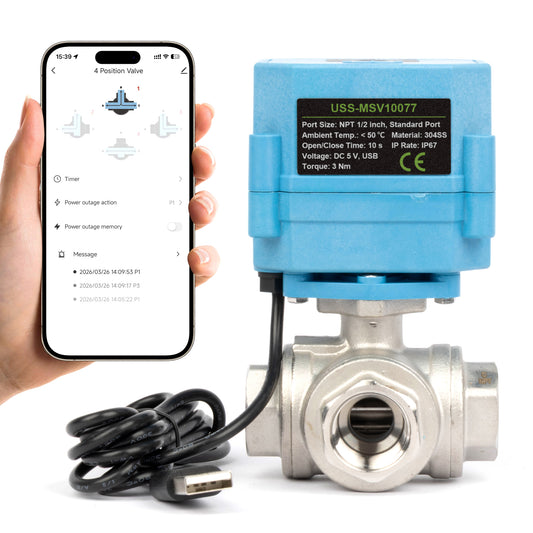 Válvula de esfera motorizada inteligente de 1/2" com Wi-Fi, 3 vias e 4 posições, em aço inoxidável 304, alimentada por USB, com indicador de status em LED, visor de direção do fluxo e certificação NSF.