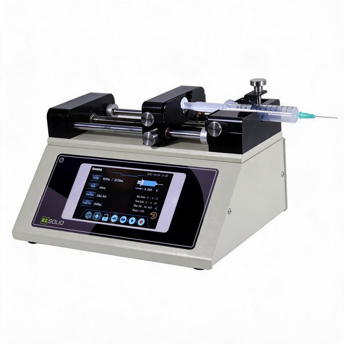 Bomba de jeringa inteligente monocanal, infusión/extracción, pantalla táctil de 5 pulgadas, precisión ≤ ±0,1 %, 0,0007 nL/min～109,1360 mL/min