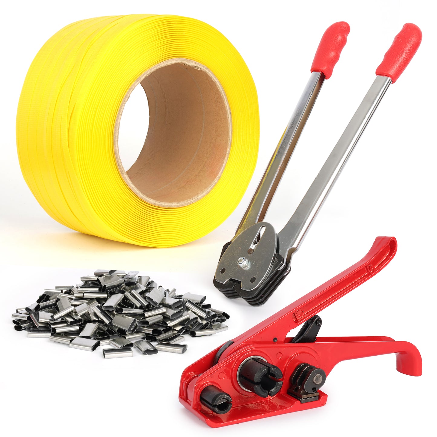 U.S. Solid Kit de flejado para palets, herramienta para embalaje, cordón tejido de 3/4" x 1640', 300 hebillas metálicas